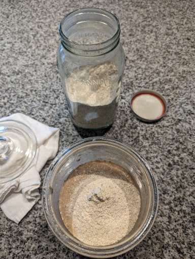 Einkorn berries and as freshly milled flour and active sourdough starter